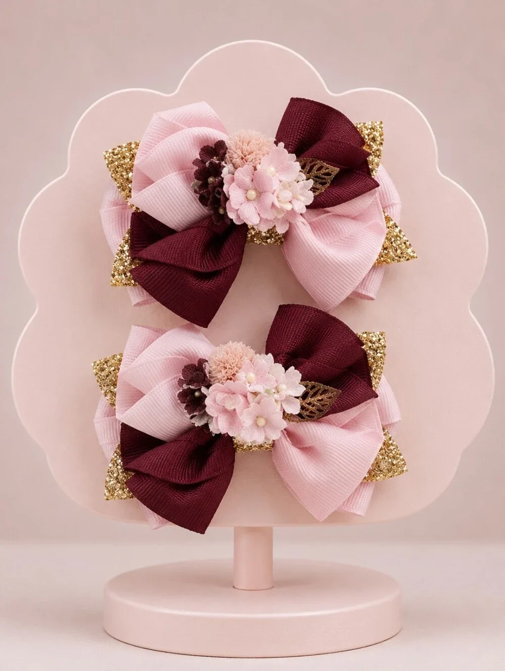 Handmade Bow Pink and Burgundy Hair Bows with Gold Accents (Set)🎀✨